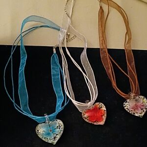 Floral Heart Pendant Necklace Trio in Blue, Red, and Pink